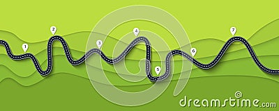 Road trip and Journey route. Winding Road on a Colorful Background with pin pointer Vector Illustration