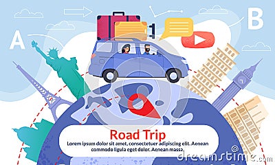 Road Trip Poster with Earth and Point of Interests Vector Illustration