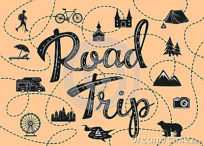 Road trip poster with a stylized map with point of interests Vector Illustration