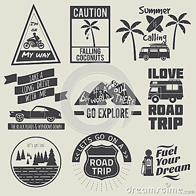 Road trip quote collection black and white Vector Illustration