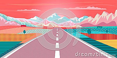 Road trip Rocky Mountain Sunset Summer travel adventure Vector Illustration