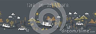 Road trip seamless pattern, doodle camper vans, vanlife, adventure - great for textiles, banners, wallpapers - vector design Vector Illustration