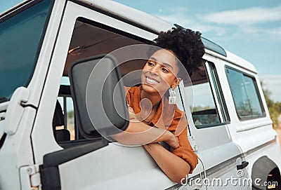 Road trip travel, black woman and window freedom to relax in camping car, summer countryside and vacation adventure in Stock Photo