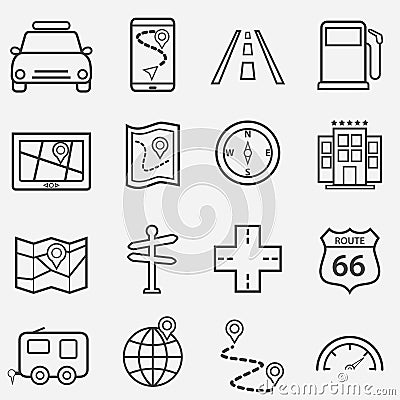 Road trip, travel and navigation line icons Vector Illustration
