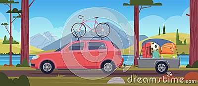 Road trip vacation. Travellers family in car with luggage adventure minivan vector cartoon background Vector Illustration