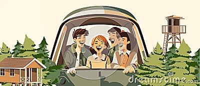 Road trips of a group of friends Who smile and laugh happily at each other during a ride during an ecotourism trip in the forest Cartoon Illustration