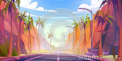 Road at tropical landscape with palms and rocks Vector Illustration