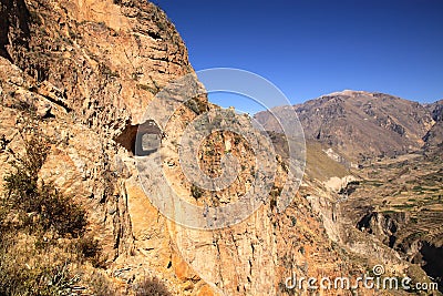 Road Tunnel on the edge of Colca Canyon, Peru, South America Stock Photo