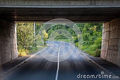 Road under the bridge. Exit to green nature. Stock Photo