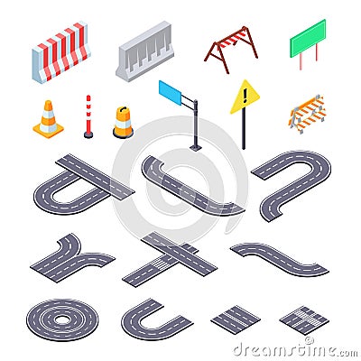 Road under construction isometric ket. Elements of street asphalt and warning road signs for creation of closed pathway. Vector Illustration