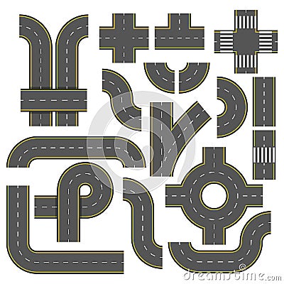 Road elements. Collection of connectable highway elements. Top view vector elements. Part of road highway, illustration highway Vector Illustration