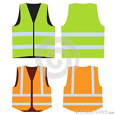 Road vest for safe work. Front and back side. Vector Illustration