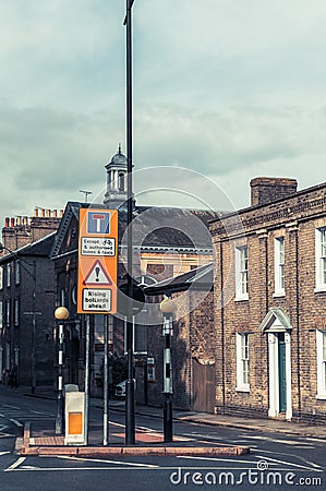 Road warning retractable electric Bollards ahead Stock Photo