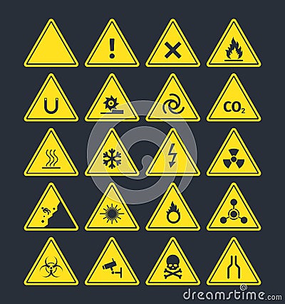 Road warning signs set. Triangular yellow symbols increased fire peril danger of loose soil radioactive alarm lethal Vector Illustration