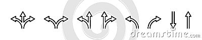 Road way arrows vector icons set. Road way : one, two and three direction. Fork sign. Vector Illustration