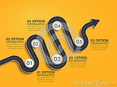 Road way location infographic template with a phased structure. Winding arrow road timeline Vector Illustration