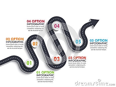 Road way location infographic template with a phased structure. Winding arrow road timeline Vector Illustration