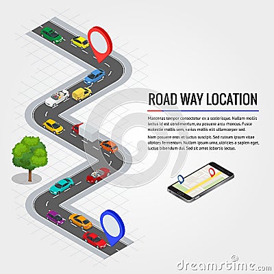 Road way location and Mobile gps navigation. Flat isometric high quality city transport Vector Illustration
