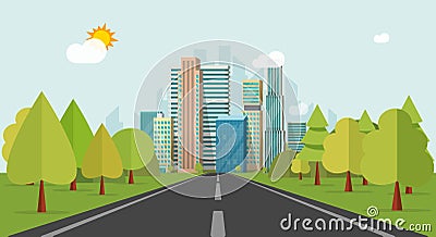 Road way to city buildings on horizon vector illustration, highway cityscape flat style Vector Illustration