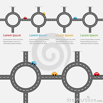 Road white marking and cartoon cars. Circle round crossroad set. Infographic timeline template. Design element. White background. Vector Illustration