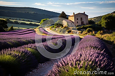 A road winding through a serene lavender field Stock Photo