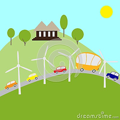 Road with windmills Vector Illustration