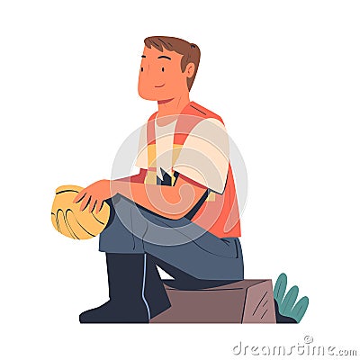 Road Worker with Hard Hat and Orange Vest Sitting on Gravel Repairing Street Infrastructure Vector Illustration Vector Illustration
