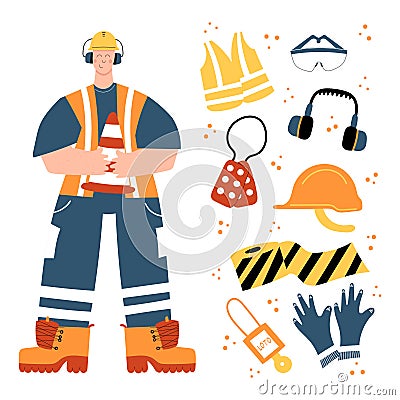 Road Worker holding traffic safety cone with safety equipment clipart Vector Illustration