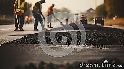 Road workers with shovels in their hands throw forked asphalt on a new road. Road service repairs the highway. Generative AI Stock Photo