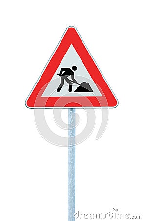 Road Works Ahead Warning Road Sign Pole isolated Stock Photo