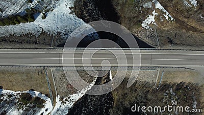 Roadbed. Bridge over the river. View from above. Drone photo. Stock Photo