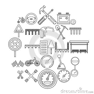 Roadbed icons set, outline style Vector Illustration