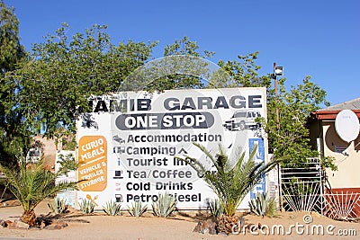 Roadhouse signs commercial accommodation, petrol in Namibia Editorial Stock Photo