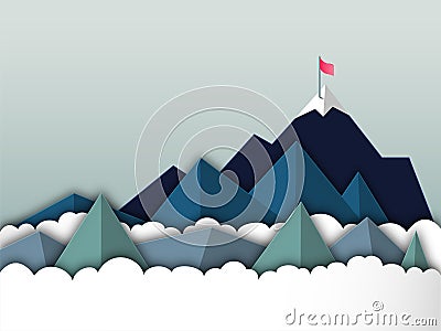Paper cut style vector illustration of mountain peak with red flag. Concept of business success and achievement. Vector Illustration