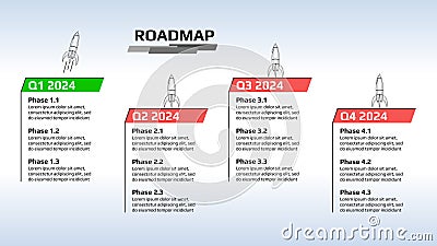 Roadmap with green and red stages with rockets on blue gradient background. Horizontal infographic timeline template for business Vector Illustration