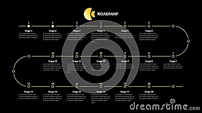Roadmap with many milestones on golden winding line on black background. Horizontal infographic timeline template for presentation Vector Illustration