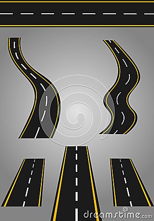 Roads and high ways. Road curves geometric design, flat style cartoon roads illustration. Vector Illustration