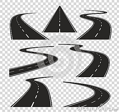Roads in perspective. Bended pathway road curved city street to horizon. Journey asphalt highway isolated vector Vector Illustration