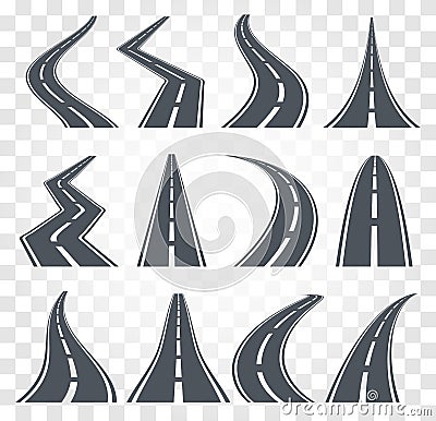 Roads set. Highway vector illustration on transparent baclground. Asphalt road, street icon. Vector Illustration