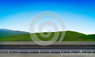 Roadside view with a crash barrier, road, green nature clear blue sky background, vector illustration Vector Illustration