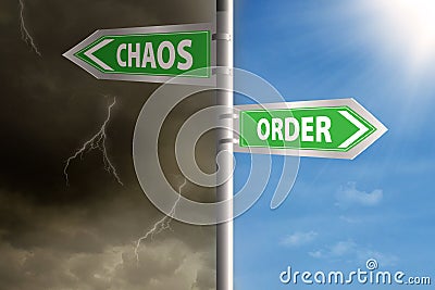 Roadsign to chaos and order Stock Photo