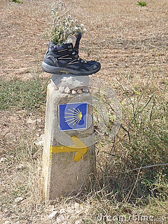 Roadsign on the Way of St. James `Jakobsweg` or `Camino Santiago` to Santiago de Compostela Editorial Stock Photo