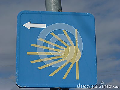 Roadsign on the Way of St. James `Jakobsweg` or `Camino Santiago` to Santiago de Compostela Stock Photo