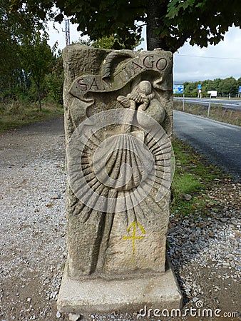 Roadsign on the Way of St. James `Jakobsweg` or `Camino Santiago` to Santiago de Compostela Editorial Stock Photo