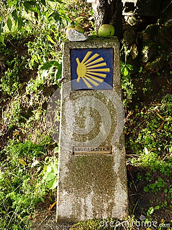 Roadsign on the Way of St. James `Jakobsweg` or `Camino Santiago` to Santiago de Compostela Editorial Stock Photo