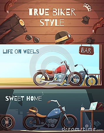 Roadster Motorcycle Banners Set Vector Illustration