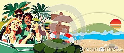 Roadtrip background. Driving out to Lake on a summer vacation evening with a group of new friends on campus. coconut palm, sunset Cartoon Illustration