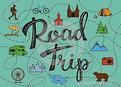 Roadtrip poster with a stylized map with points of interest and sighseeing for travelers Vector Illustration