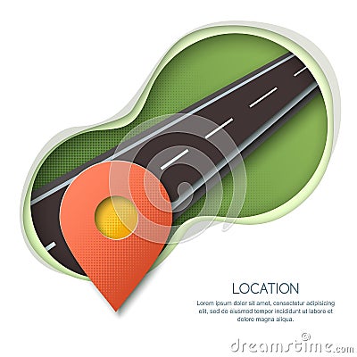 Roadway location and GPS navigation concept. Paper cut isolated illustration of pin map symbol, waypoint marker. Vector Illustration