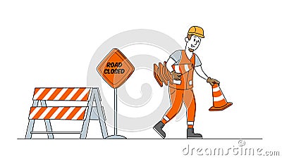 Roadwork and Asphalt Paving Concept. Worker Man Character in Orange Overall Put Traffic Cones Vector Illustration